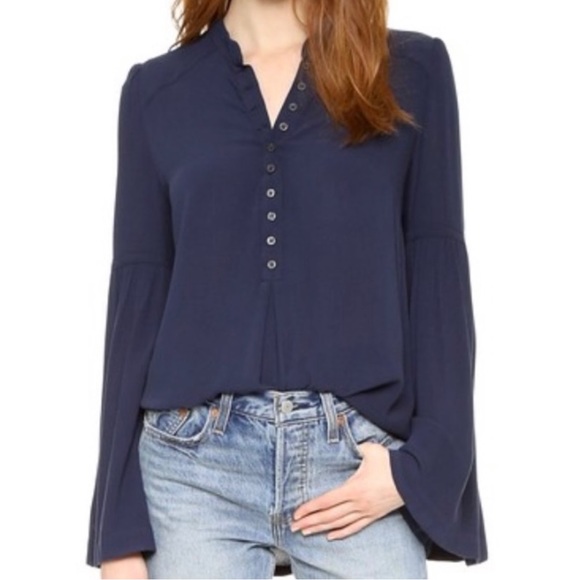 Free People Navy Blue Henley 3/4 Bell Sleeve High Low Tunic Peasant Top - Picture 10 of 15